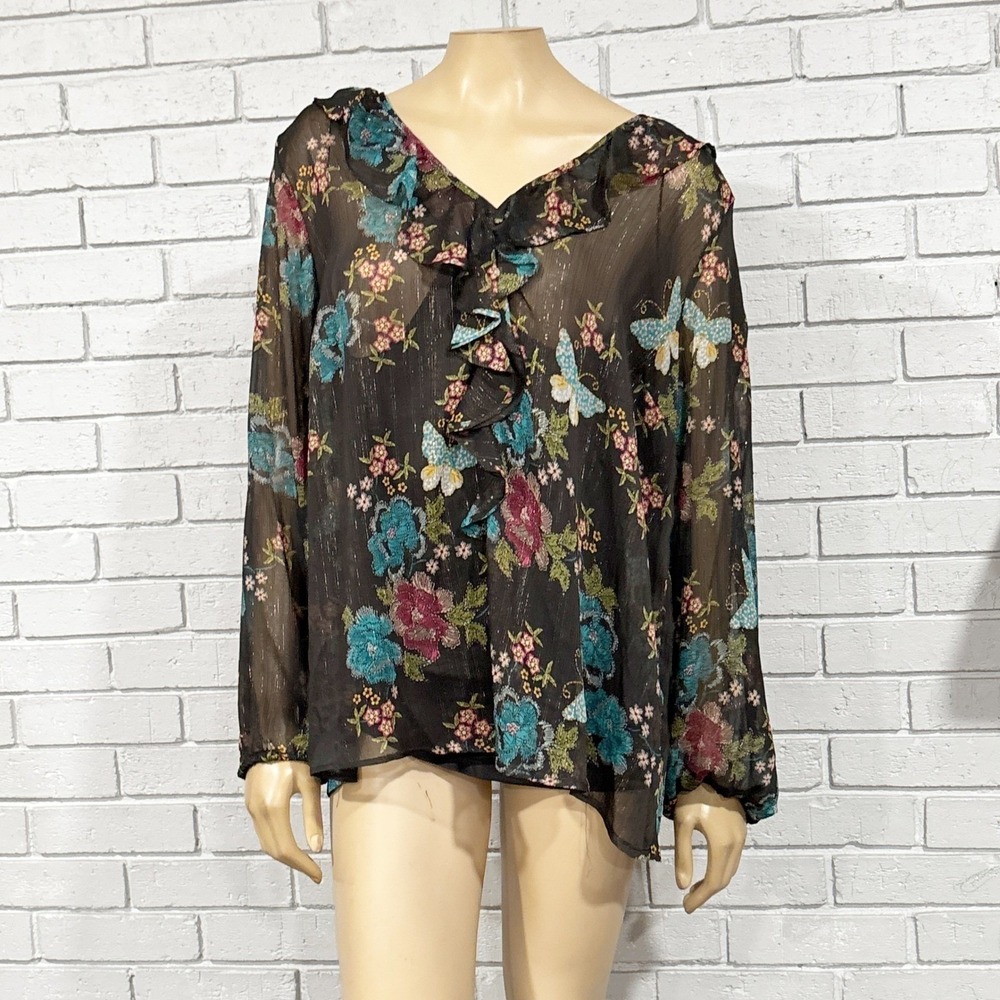 LC Lauren Conrad Butterfly Floral Sheer Ruffle Blouse Coquette Garden Party XXL